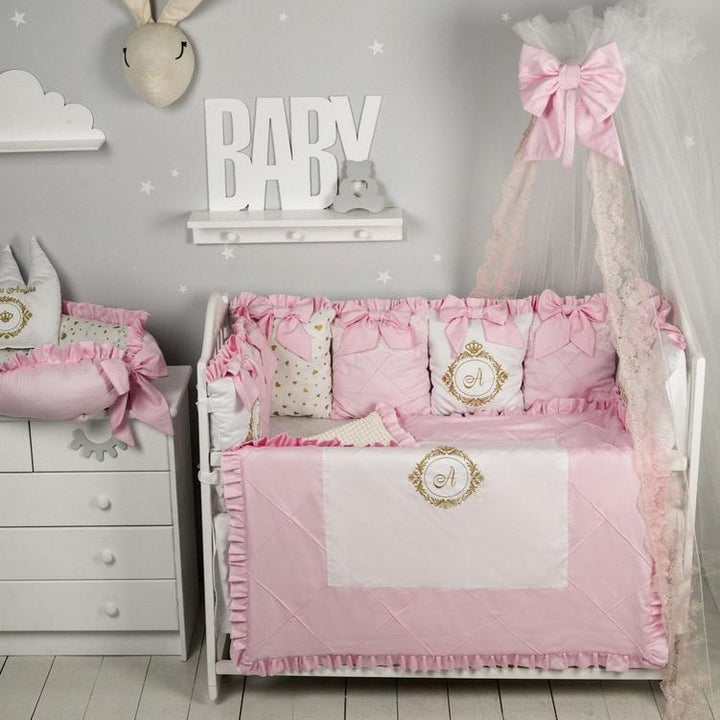 Personalized ivory crib bedding set baby girl pink bows