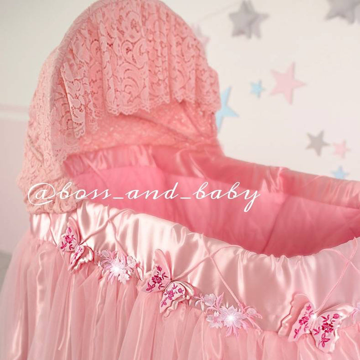 Pink Bassinet Cover with Lace & Butterflies Elegant Baby Girl