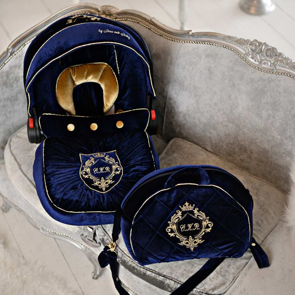 Royal Blue Velvet Baby Car Seat Cover Set with Embroidery