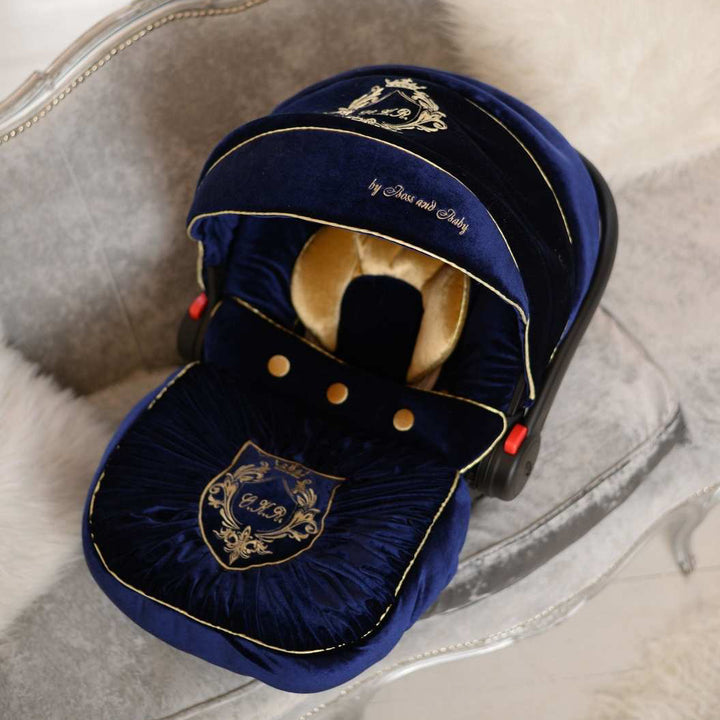 Royal Blue Velvet Baby Car Seat Cover Set with Embroidery