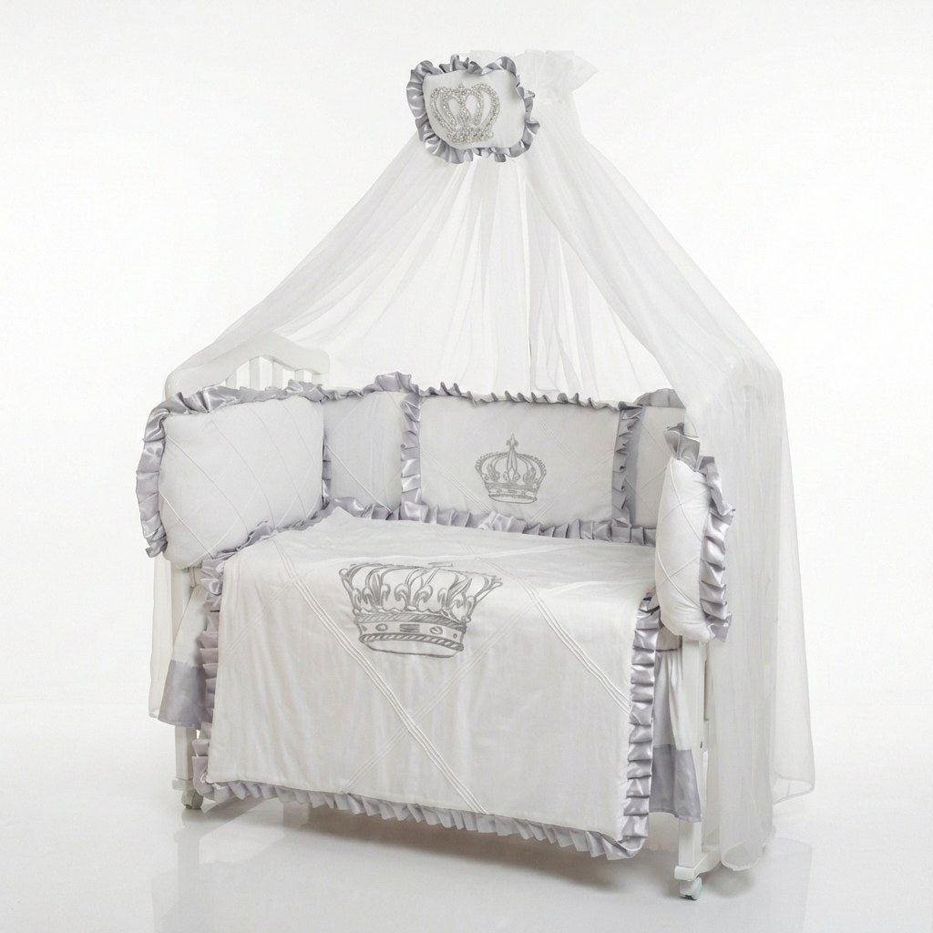 Royal Crown White and Silver Baby Crib Bedding Set with Canopy