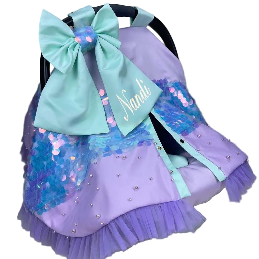 Sequin Rainbow Baby Car Seat & Stroller Cover – Mermaid Bow Design