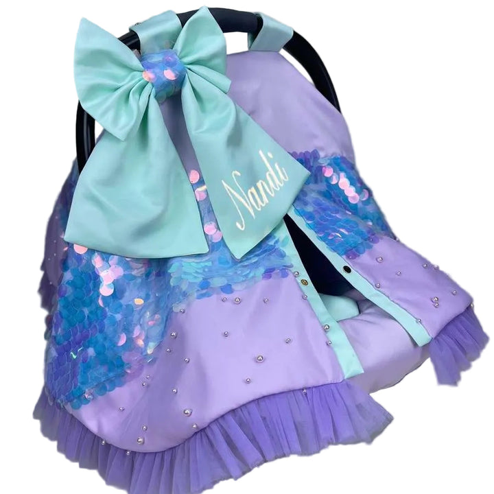 Sequin Rainbow Baby Car Seat & Stroller Cover – Mermaid Bow Design