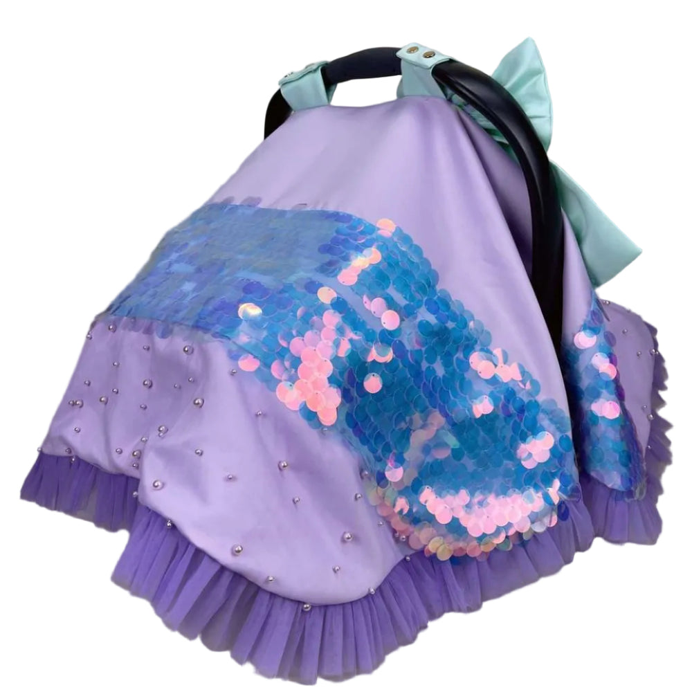 Sequin Rainbow Baby Car Seat & Stroller Cover – Mermaid Bow Design