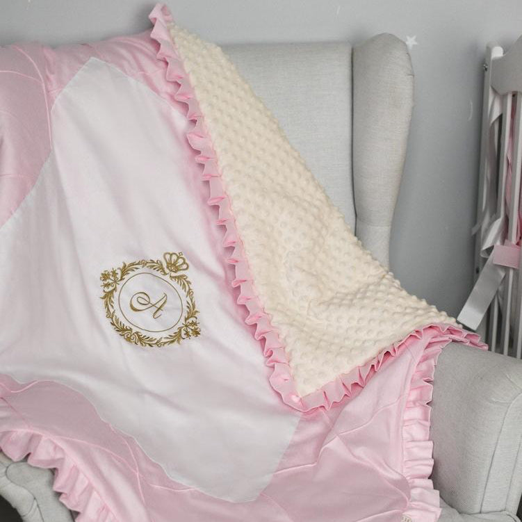 Small monogrammed baby pillow ivory pink gold embroidery