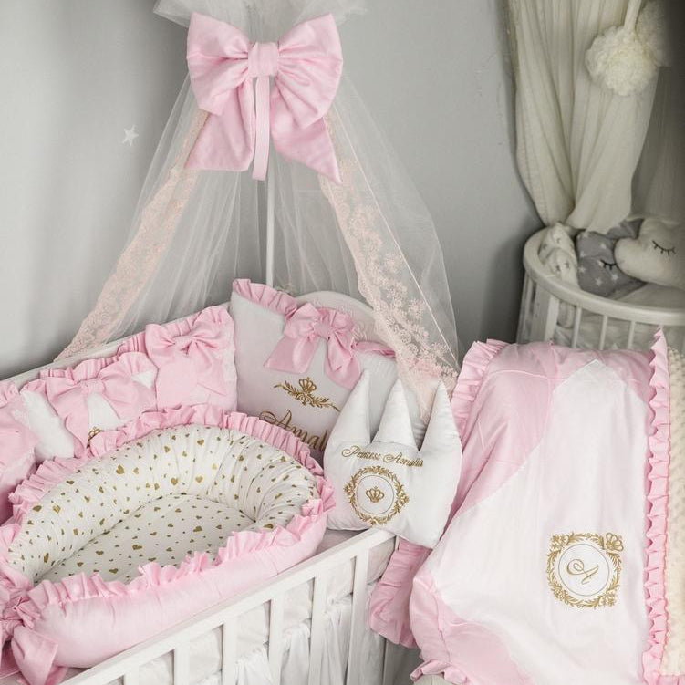 Soft ivory crib bedding bumpers pink satin bows