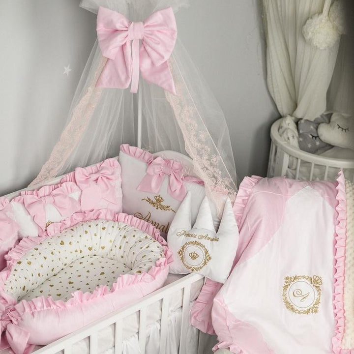 Soft ivory crib bedding bumpers pink satin bows