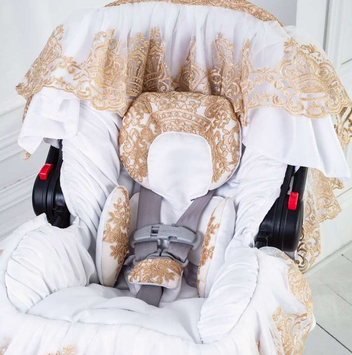 White & Gold Lace Baby Car Seat Cover – Personalized