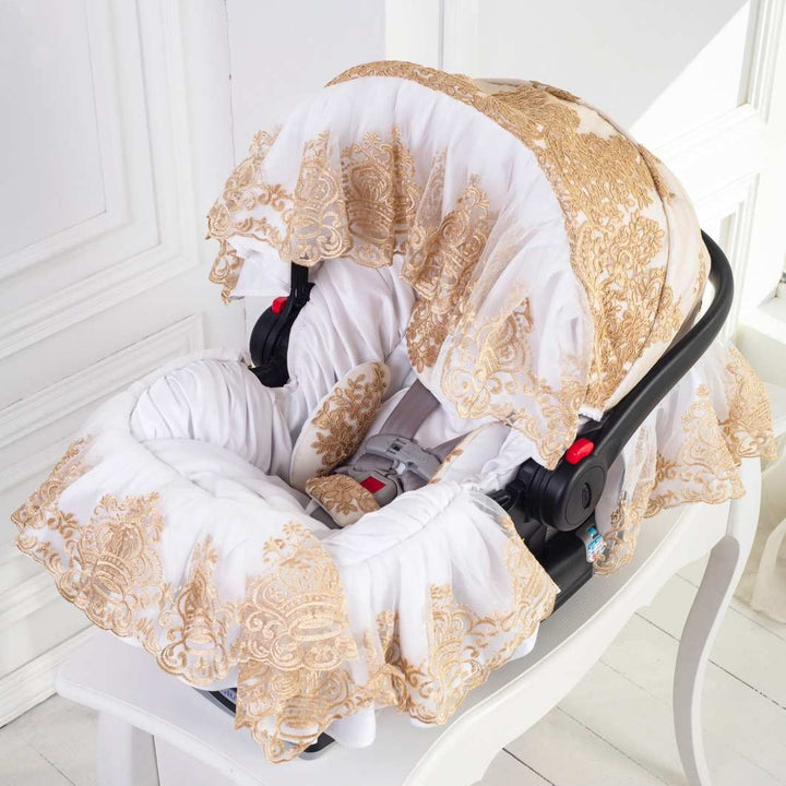 White & Gold Lace Baby Car Seat Cover – Personalized