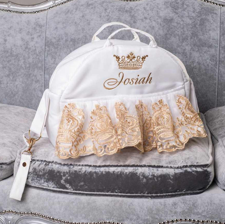 White & Gold Lace Baby Car Seat Cover – Personalized