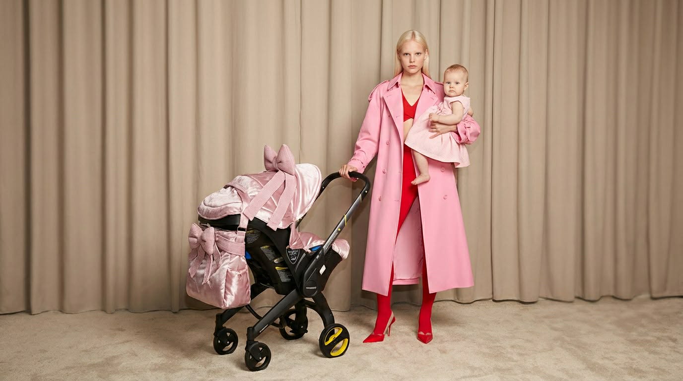 Stylish mother holding baby next to stroller with pink velvet stroller cover set and bows