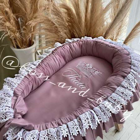 Personalized Blush Pink Baby Nest for Newborn | Cotton Baby Nest | Crown Embroidery with Lace Trim
