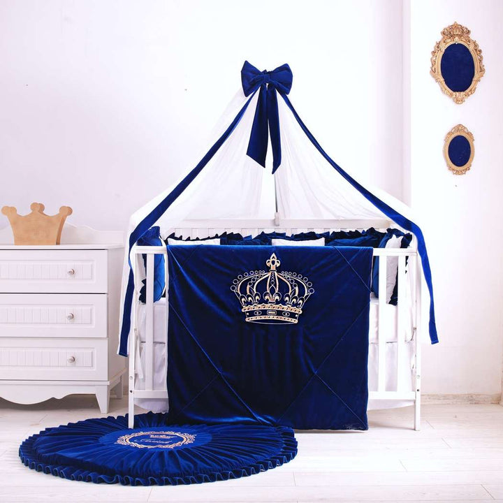 Royal Blue & White Velvet Crown Baby Boy Crib Bedding Set with Canopy
