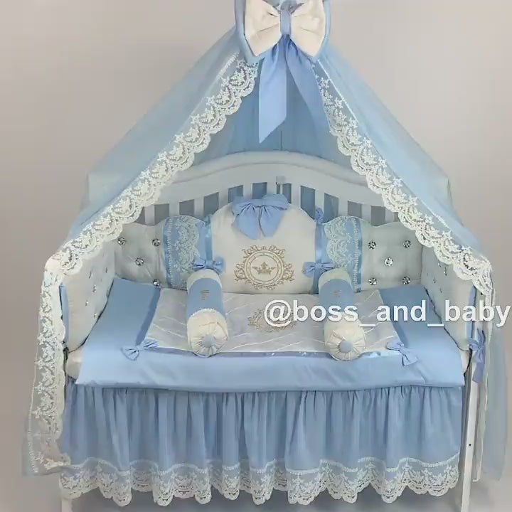 Blue & White Satin Baby Boy Bedding with Lace & Rhinestones video
