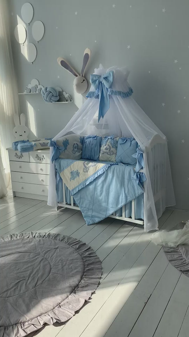 Luxury Light Blue Baby Crib Bedding Set with Embroidery