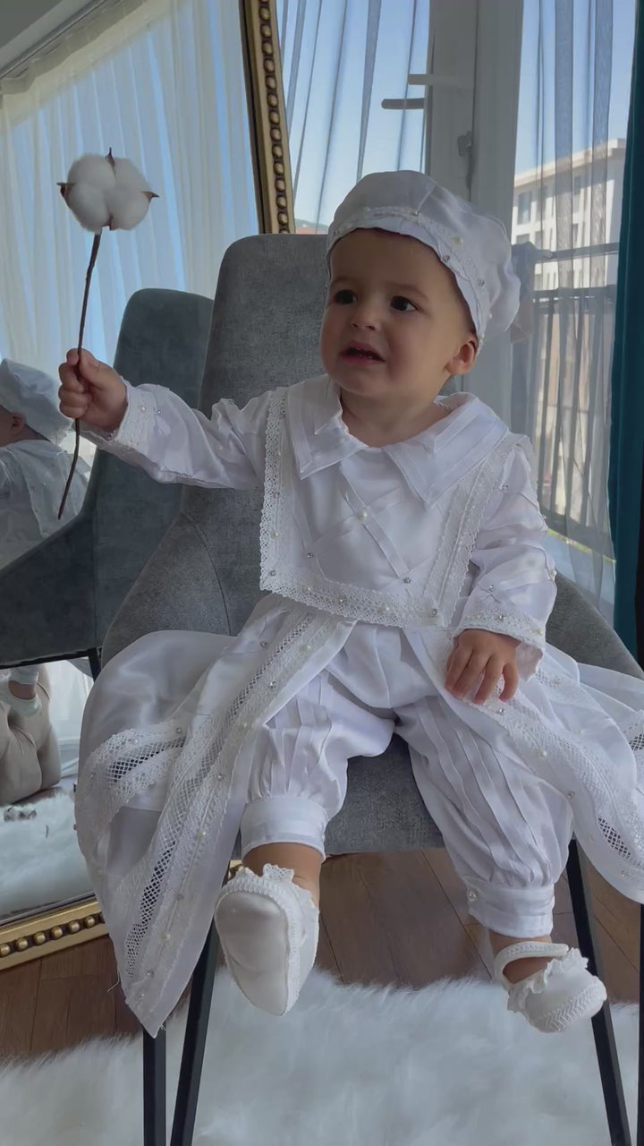 Handmade Baby Boy Baptism Gown with Pearls & Rhinestones
