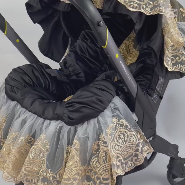 Black Baby Car Seat Cover with Gold Lace Canopy