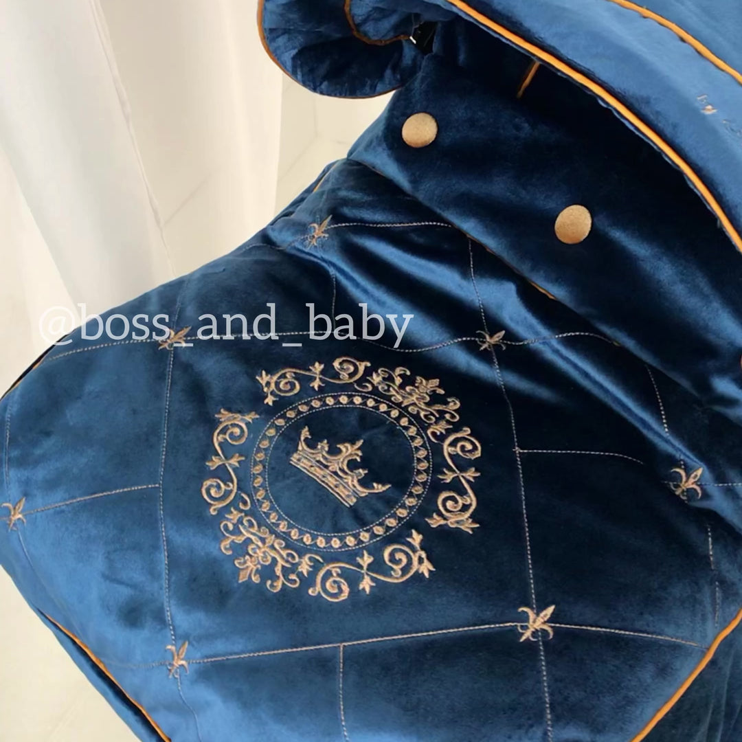 Personalized Blue & Gold Baby Car Seat Cover Set with Diaper Bag