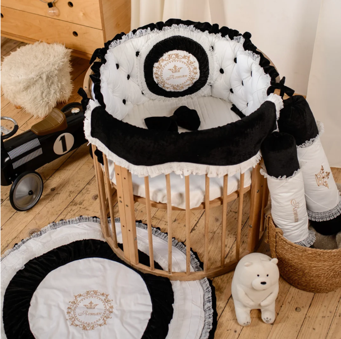Personalized Small Round Crib Bedding | Royal Black Crown
 video