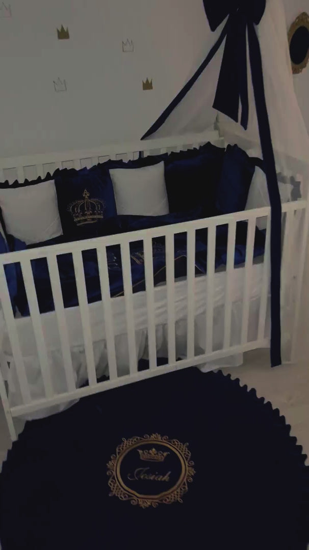 Royal Blue & White Velvet Crown Baby Boy Crib Bedding Set with Canopy
video