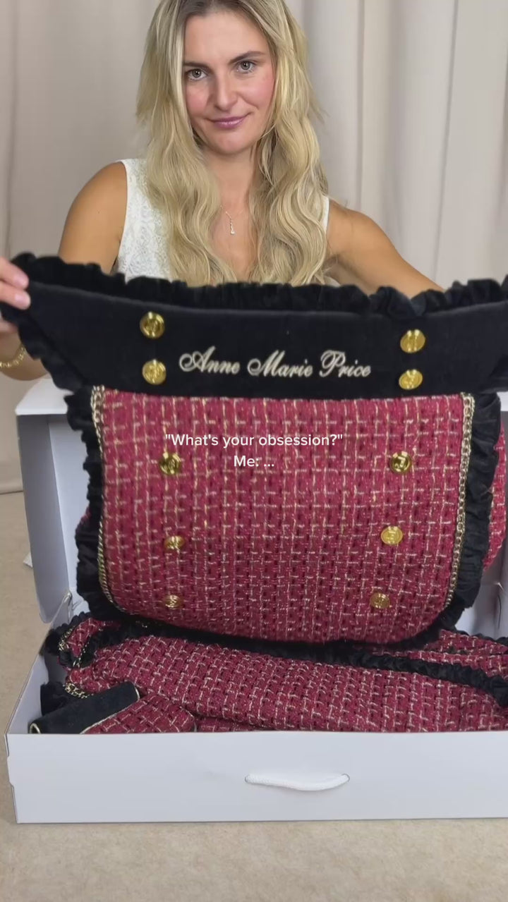 Video: luxury red tweed Doona+ car seat cover set with black velvet and custom name embroidery.