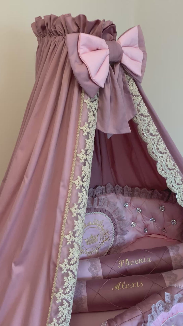 Luxury Pink Crib Canopy Bedding Set with Lace and Ruffles videi