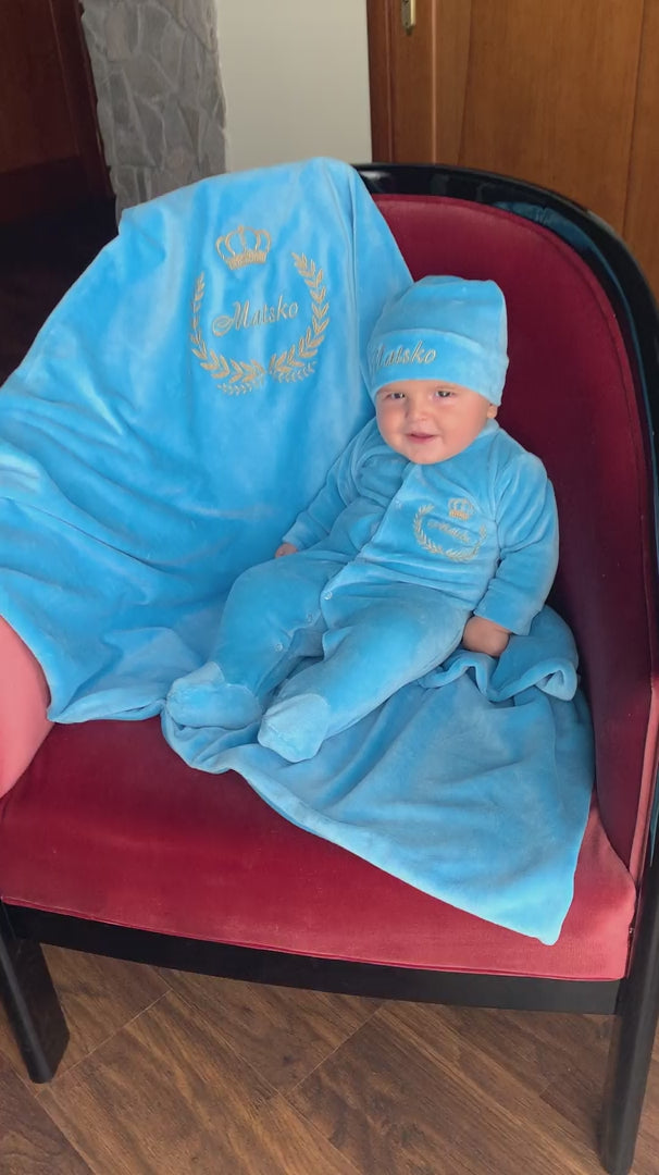Baby Blue Velvet Coming Home Outfit with Monogram Blanket