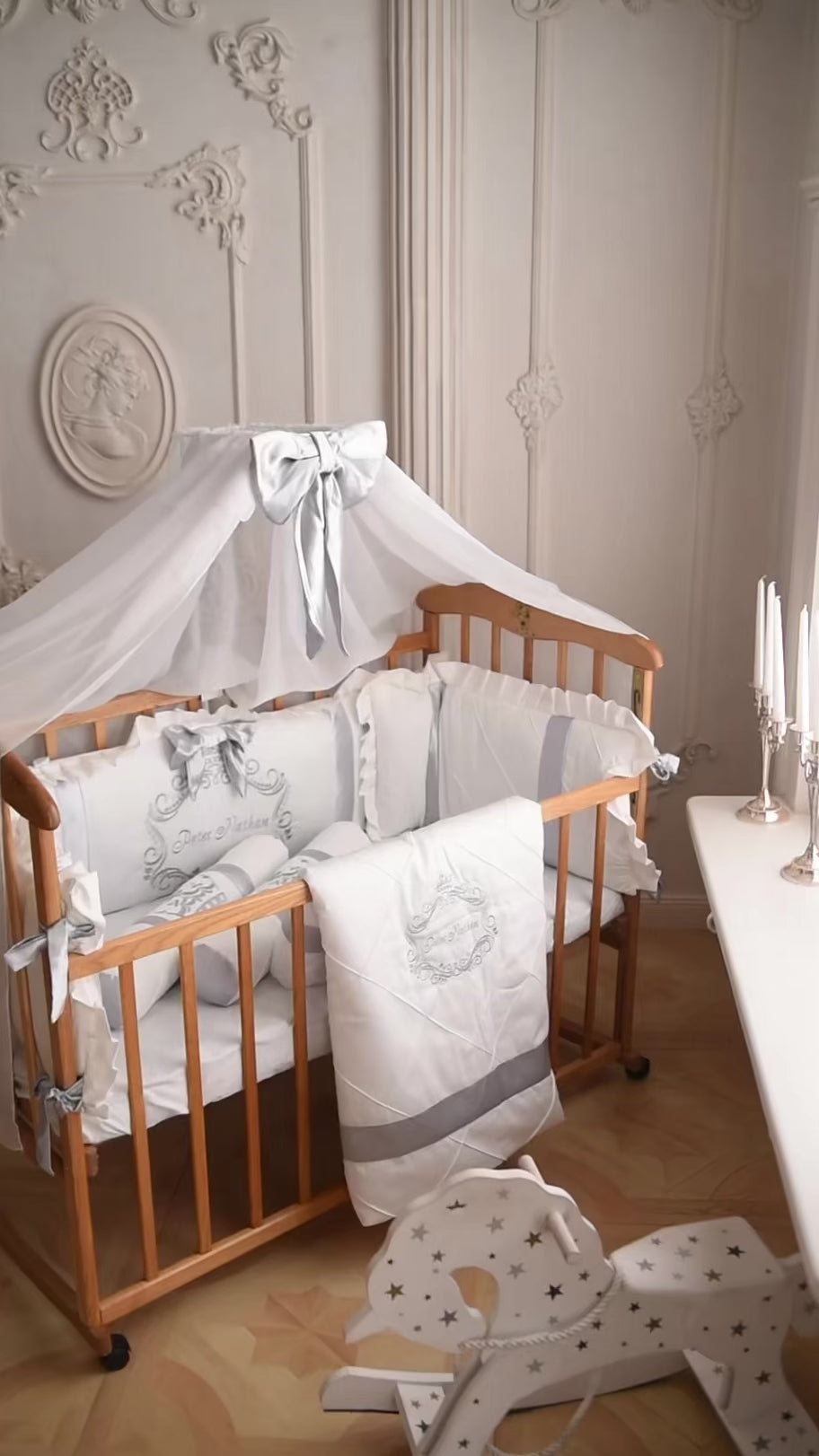 Royal Silver Princess Crib Bedding Set with Canopy  video