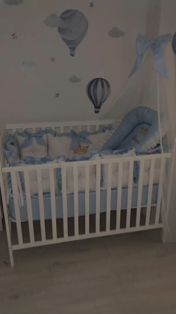 Royal Crown Light Blue Crib Bedding &amp; Baby Nest Set with Tulle Canopy for Baby Boy video