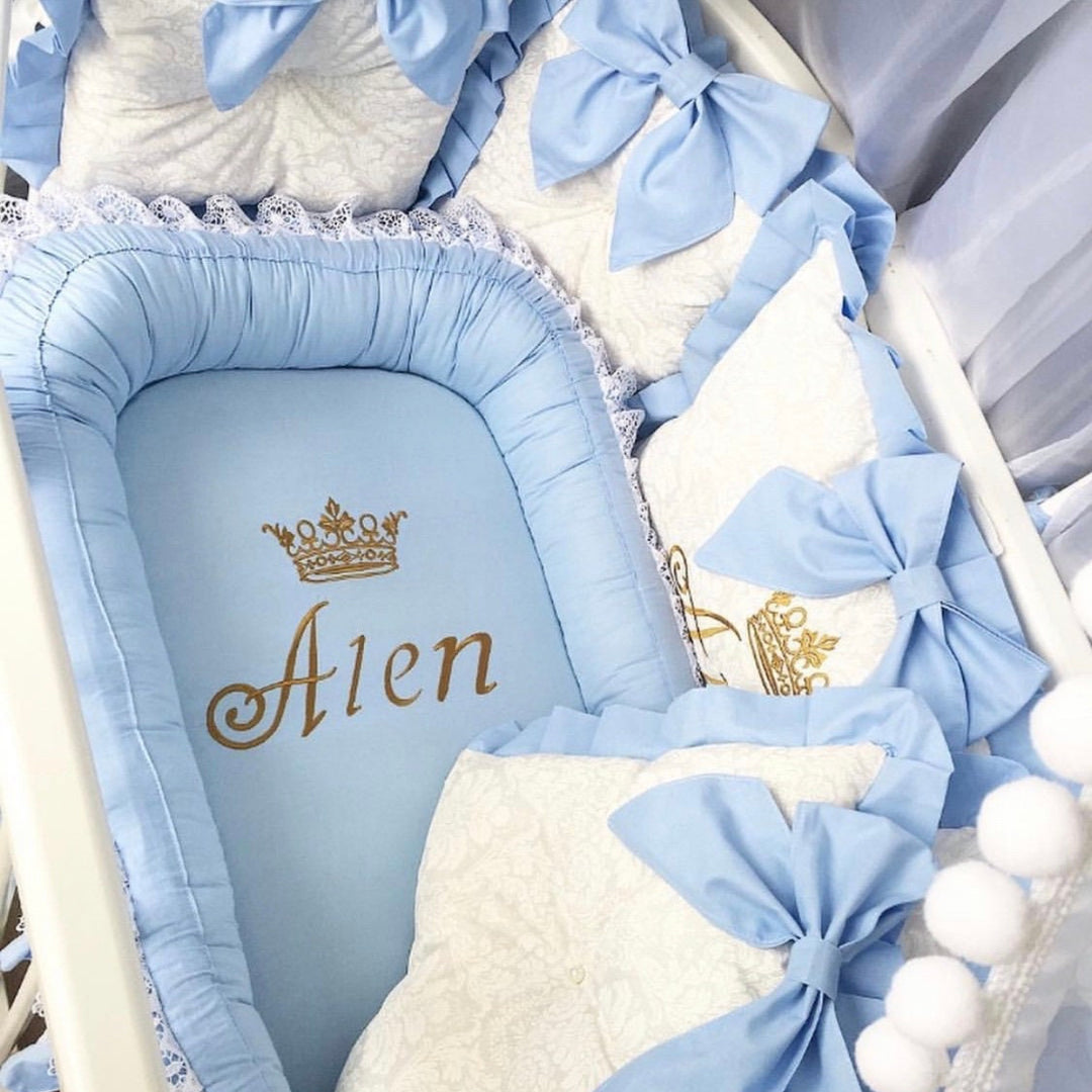 Blue & White Personalized Baby Boy Crib Bedding Set