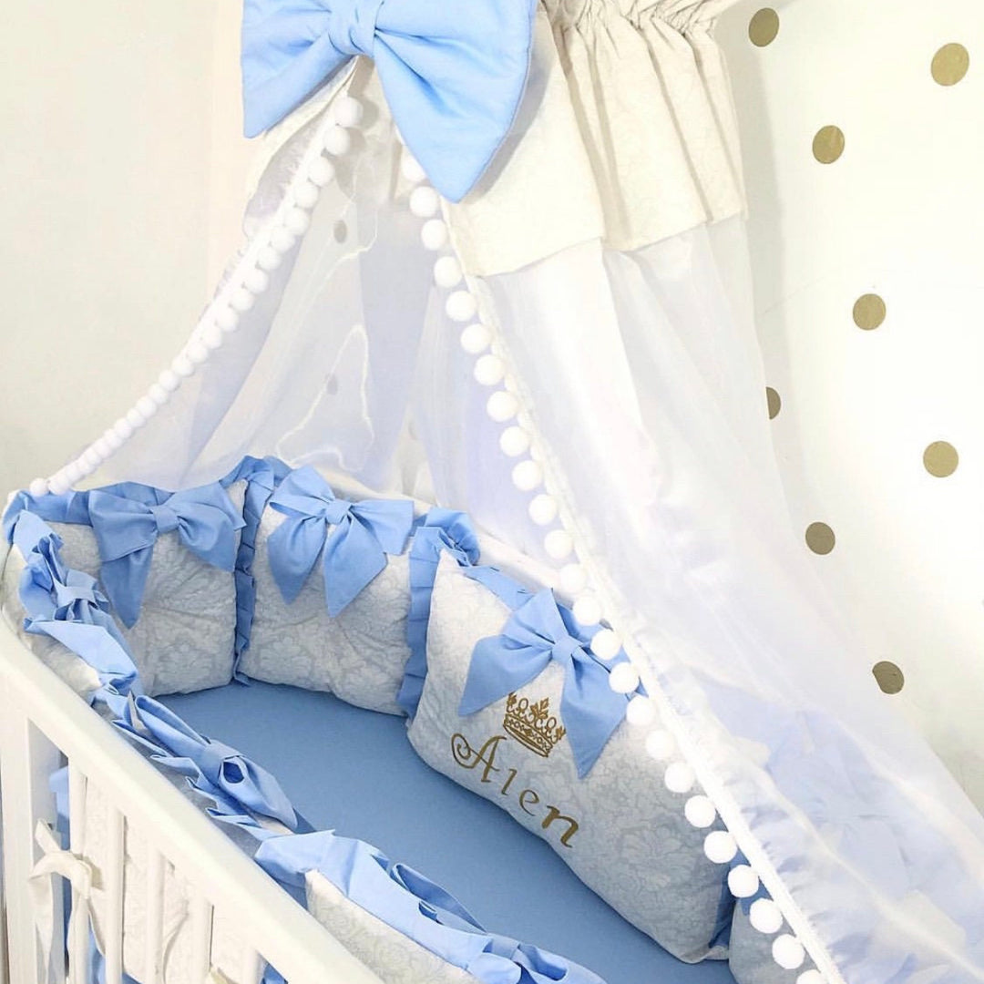 Blue & White Personalized Baby Boy Crib Bedding Set