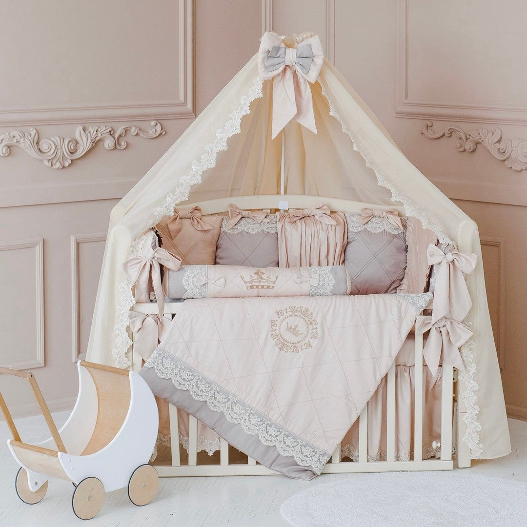 Blush Pink Beige Crib Bedding Set with Crown Canopy