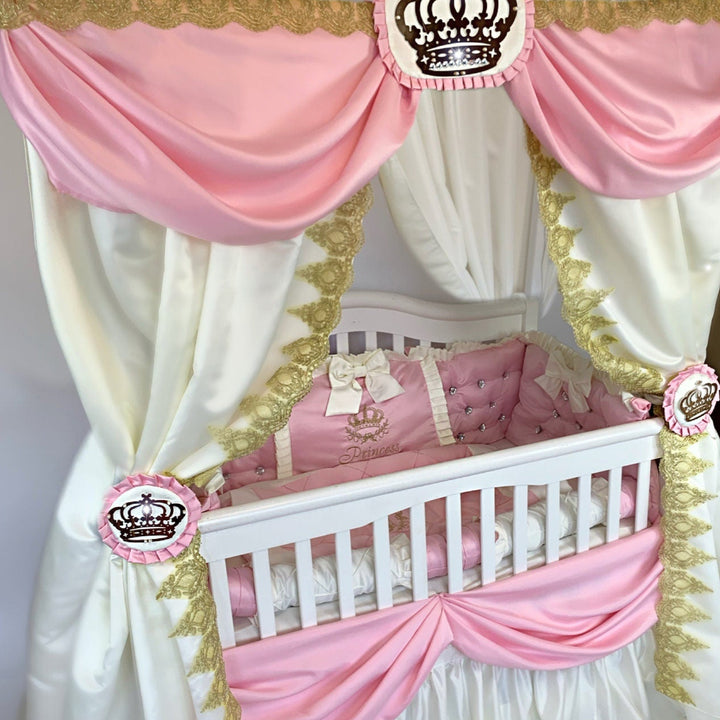 Luxury Pink Baby Girl Bedding Set with Lace & Rhinestones