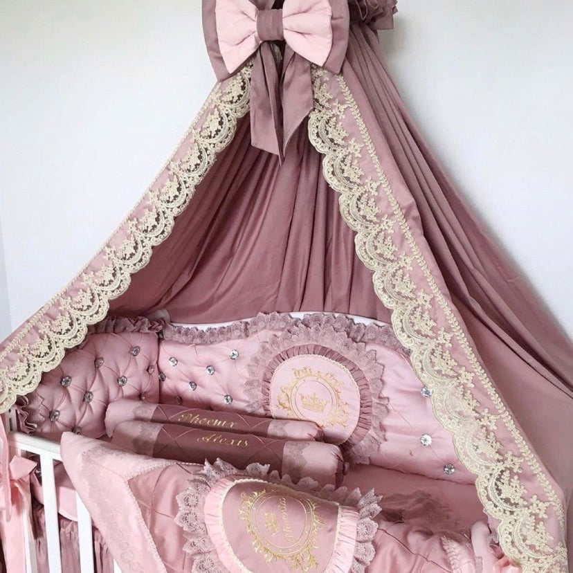 Luxury Pink Baby Girl Bedding Set with Lace & Ruffles